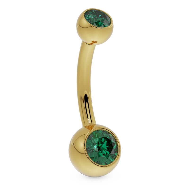 14k yellow gold double green CZ belly button ring, angled side profile view