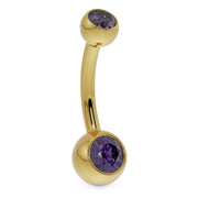 14k yellow gold double purple CZ belly ring, angled side profile showing bezel-set stones
