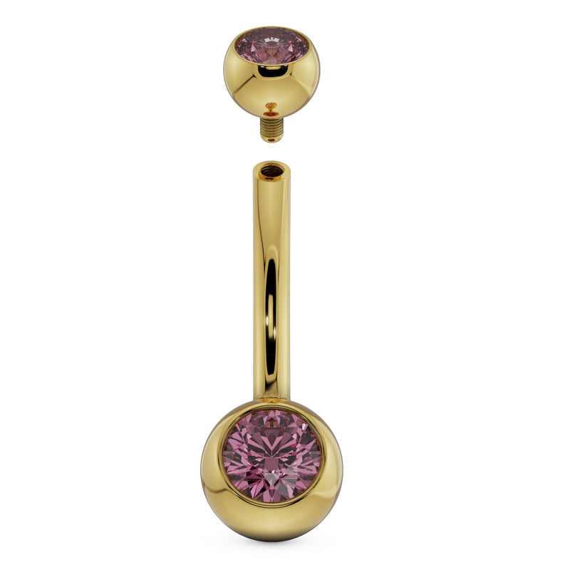 14k yellow gold double pink CZ belly ring with top ball detached, showing internal threading
