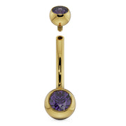14k yellow gold double purple CZ navel ring with top ball detached showing internal thread