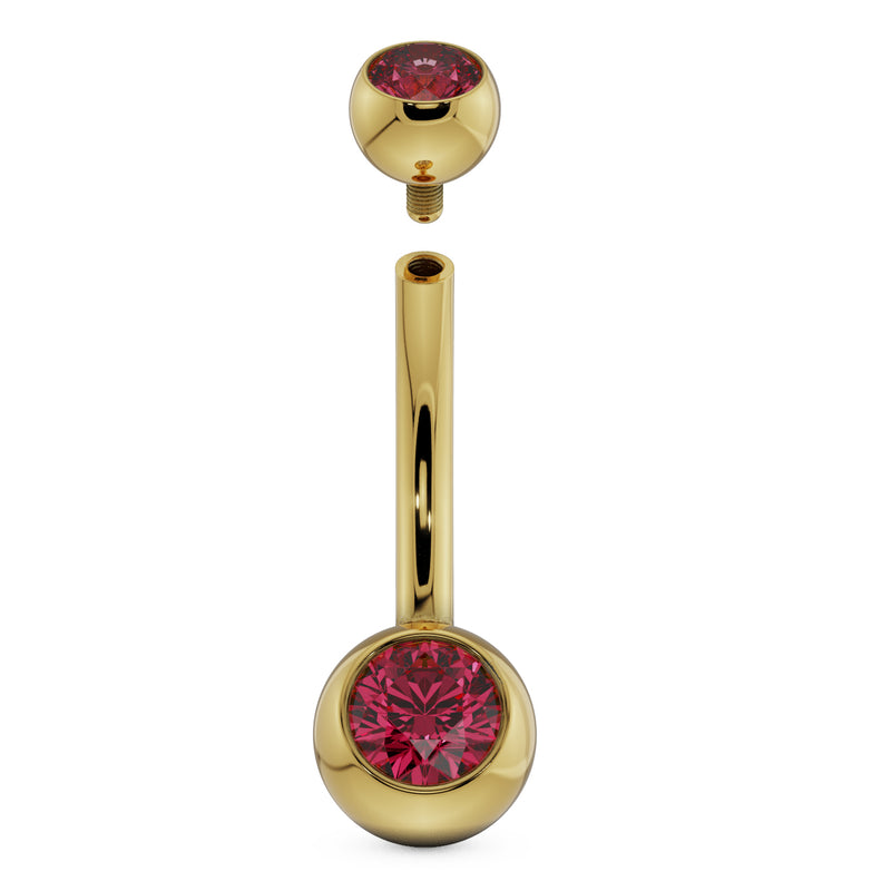 14k yellow gold double red CZ navel ring with top ball removed to show internal thread