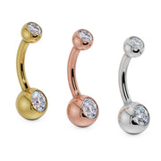 Double CZ navel ring in 14k yellow gold, rose gold, and white gold with clear stones, side by side