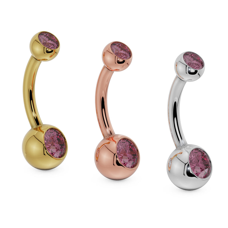 Double pink CZ belly button ring in 14k yellow gold, rose gold, and white gold, side by side