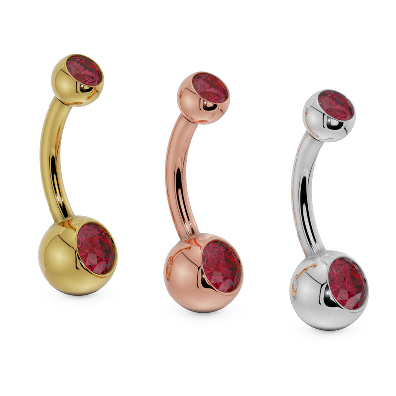 Double red CZ navel ring in 14k yellow gold, rose gold, and white gold shown side by side
