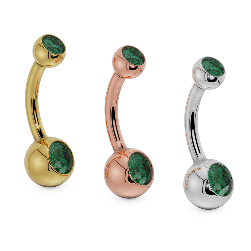 Double green CZ navel ring in 14k yellow gold, rose gold, and white gold shown side by side