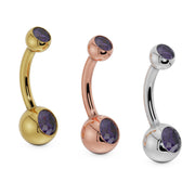 Double purple CZ belly button ring in 14k yellow gold, rose gold, and white gold, side by side
