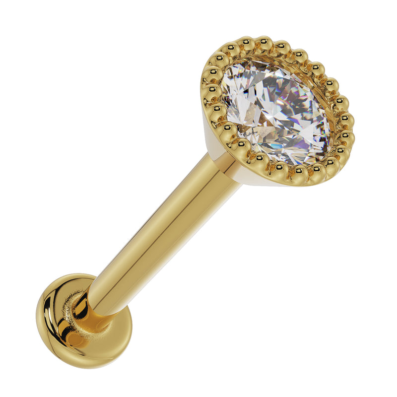 14k yellow gold 2.5mm diamond milgrain flat back stud, low angled view highlighting beaded border