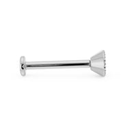 Side profile of white gold milgrain flat back labret stud showing full post length and flat backing