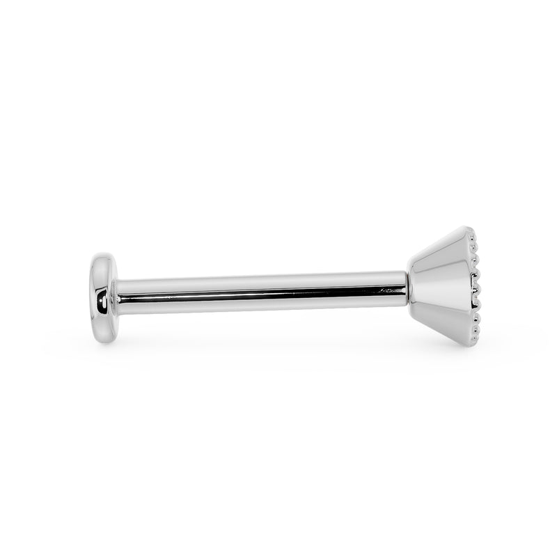 Side profile of white gold milgrain flat back labret stud showing full post length and flat backing