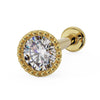 14k yellow gold 2.5mm diamond milgrain flat back labret stud, angled view showing post and flat disc