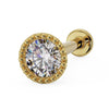 14k yellow gold milgrain CZ flat back labret stud, angled view showing beaded halo setting and flat disc back