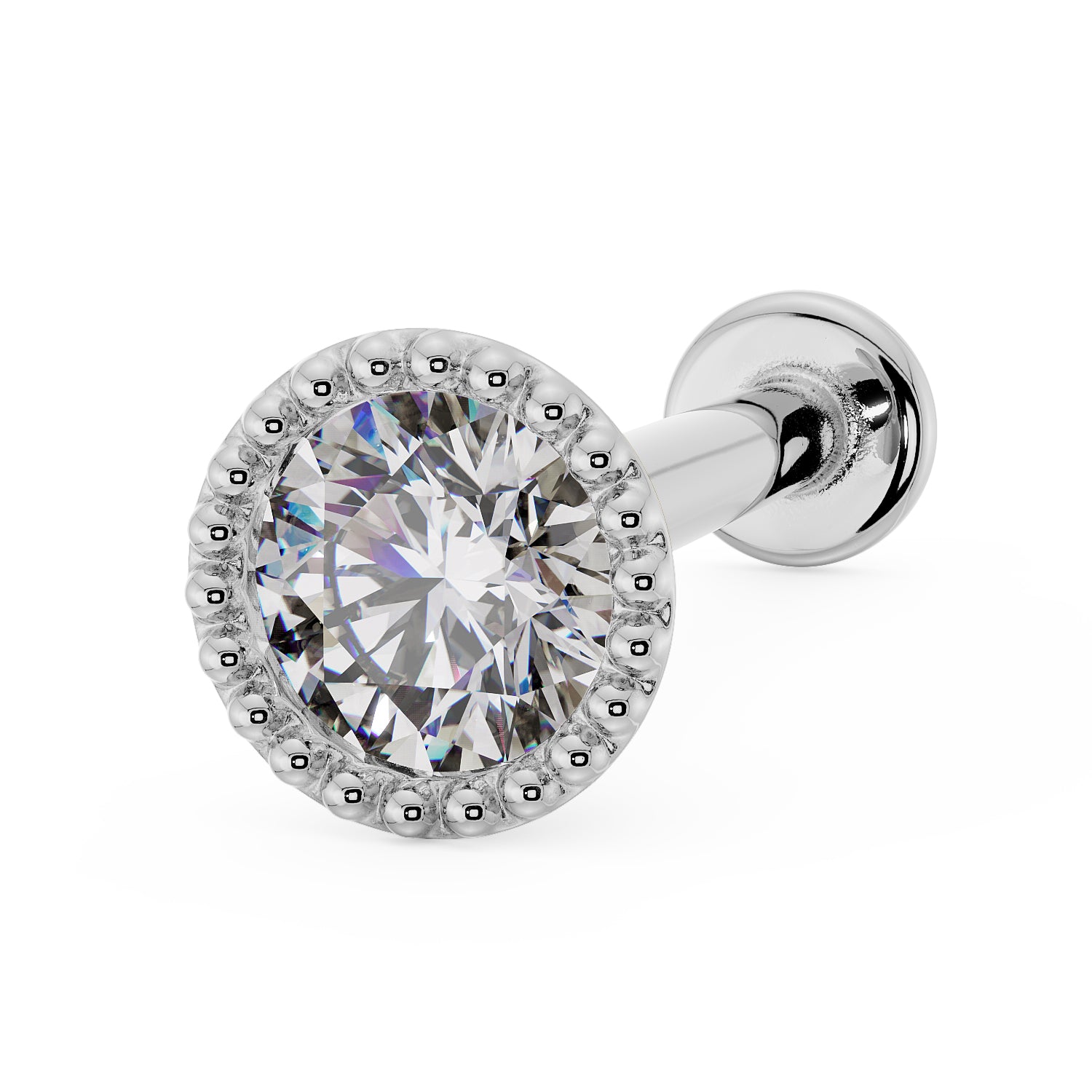 2.5mm Diamond French Milgrain Flat Back Stud Nose Lip Cartilage Earring - White Gold