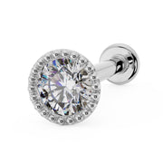 14k white gold 2.5mm diamond milgrain flat back labret stud, angled view showing post and flat disc