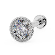 14k white gold milgrain CZ flat back labret stud, angled view showing beaded halo setting and flat disc back