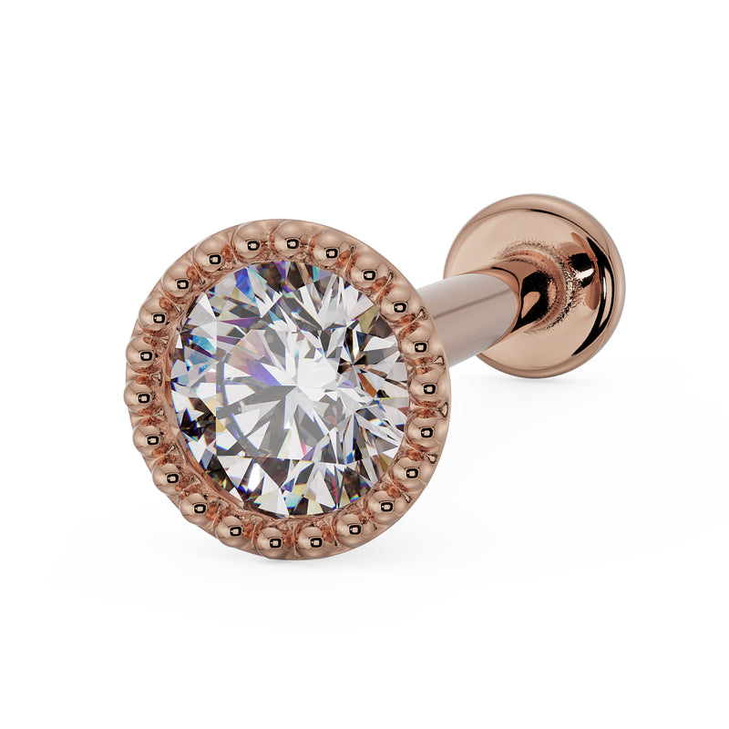 14k rose gold 2.5mm diamond milgrain flat back labret stud, angled view showing post and flat disc