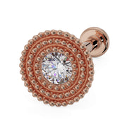 14k rose gold 2mm diamond radial milgrain flat back stud, angled view with warm pink-gold bead layers
