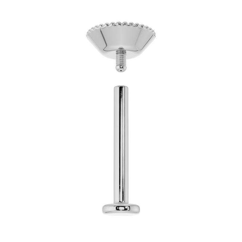 White gold milgrain flat back stud disassembled, showing threaded top and post with flat back separately