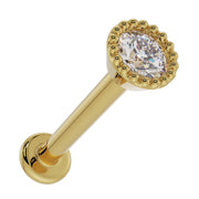 14k yellow gold diamond milgrain labret stud side profile showing post length and flat back disc