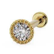 14k yellow gold diamond milgrain flat back labret stud, angled view showing beaded halo setting