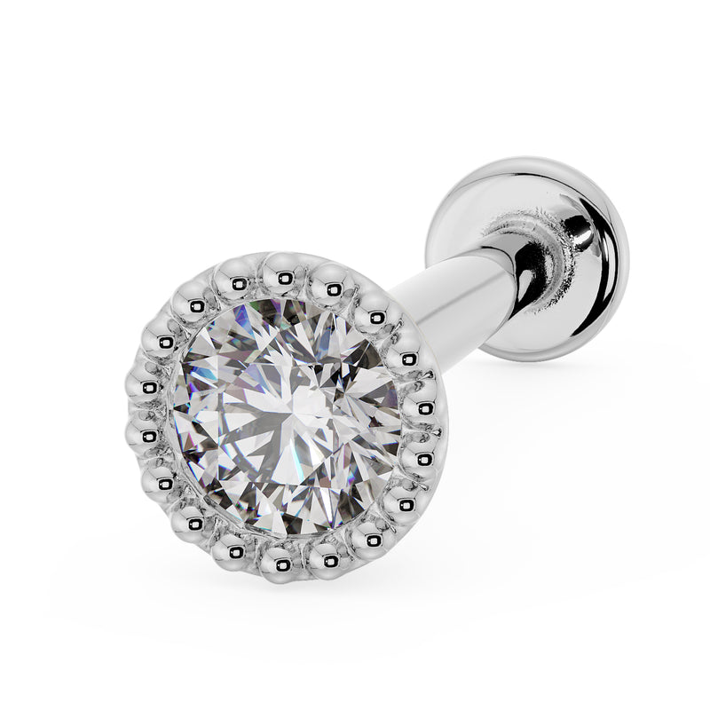 14k white gold diamond milgrain flat back labret stud, angled view showing beaded halo and flat disc