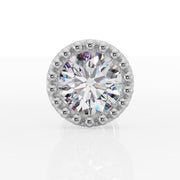14k white gold diamond milgrain flat back stud, straight-on front view of beaded milgrain setting