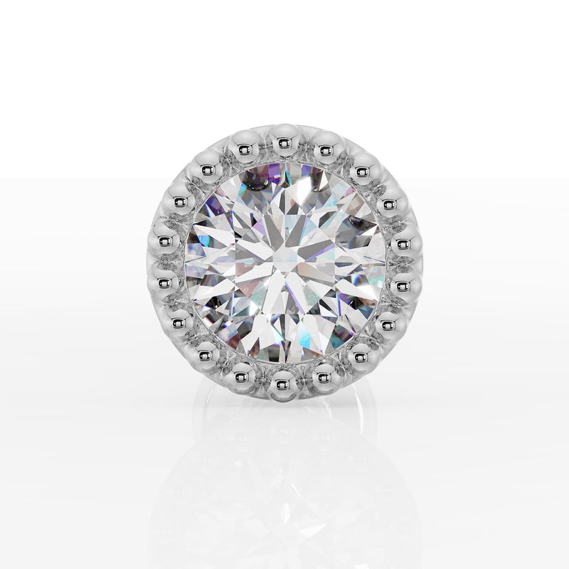 14k white gold diamond milgrain flat back stud, straight-on front view of beaded milgrain setting