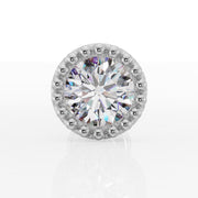 Close-up front view of white gold French milgrain CZ flat back stud showing beaded surround and stone sparkle
