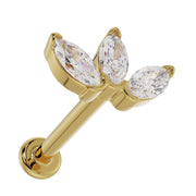 14k yellow gold marquise CZ lotus flat back stud, top-down angle showing prong setting detail
