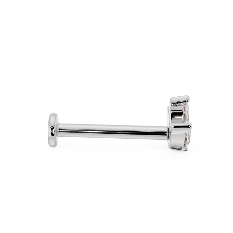 Side profile of white gold marquise CZ flat back labret showing post length and flat disc back