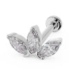 14k white gold marquise diamond lotus flat back labret stud, angled view showing post and flat disc