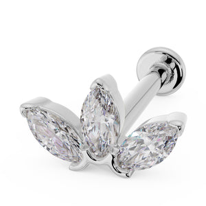 14k white gold marquise diamond lotus flat back labret stud, angled view showing post and flat disc