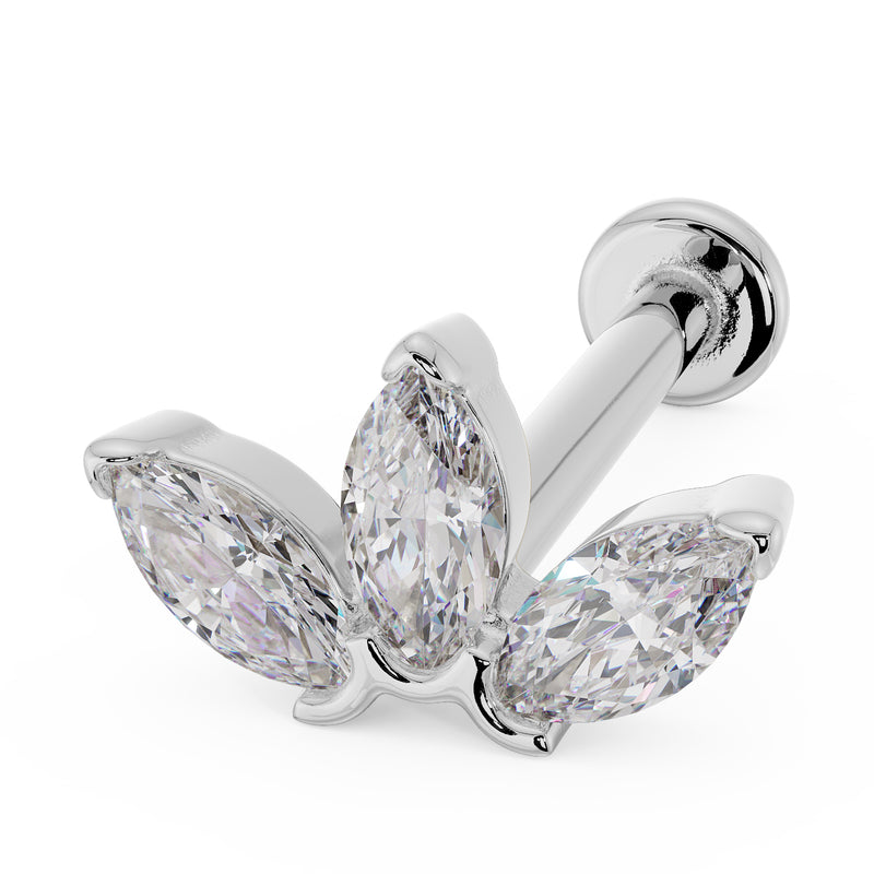 14k white gold marquise diamond lotus flat back labret stud, angled view showing post and flat disc