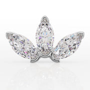 Front view of white gold three-marquise CZ lotus labret stud showing full fan-shaped stone detail