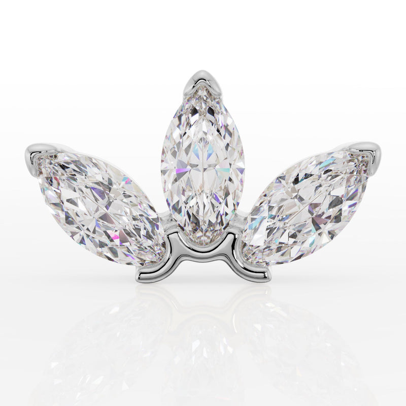 Front view of white gold three-marquise CZ lotus labret stud showing full fan-shaped stone detail