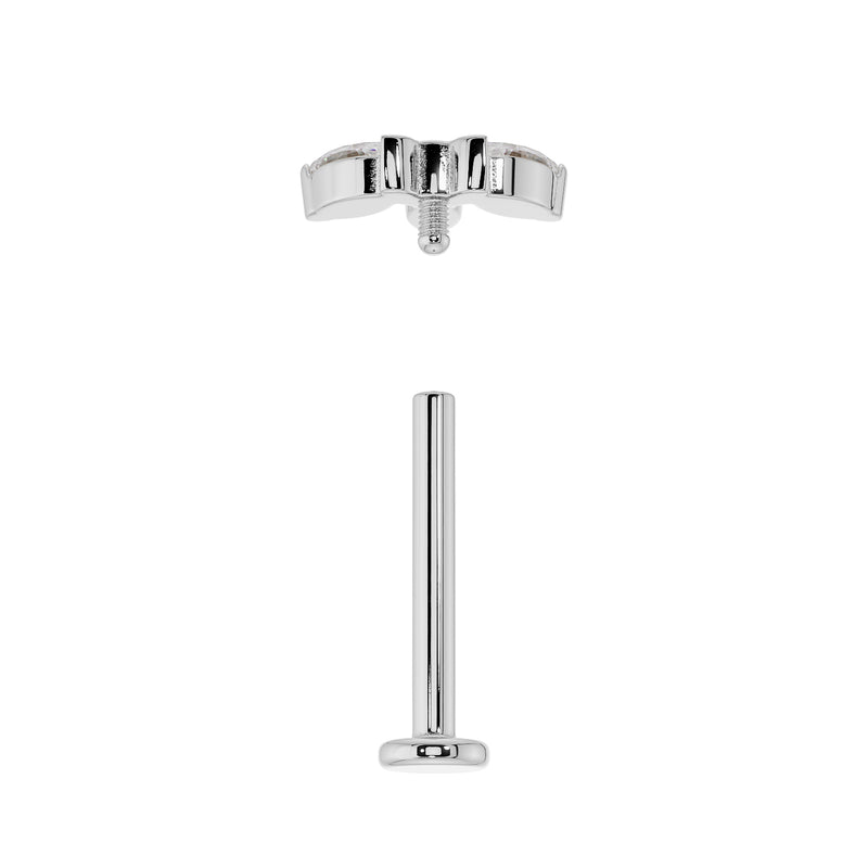 White gold marquise lotus flat back stud disassembled, showing threaded top and flat back post separately
