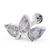 14k white gold lotus flat back stud with three pear-cut CZ stones, angled view showing post