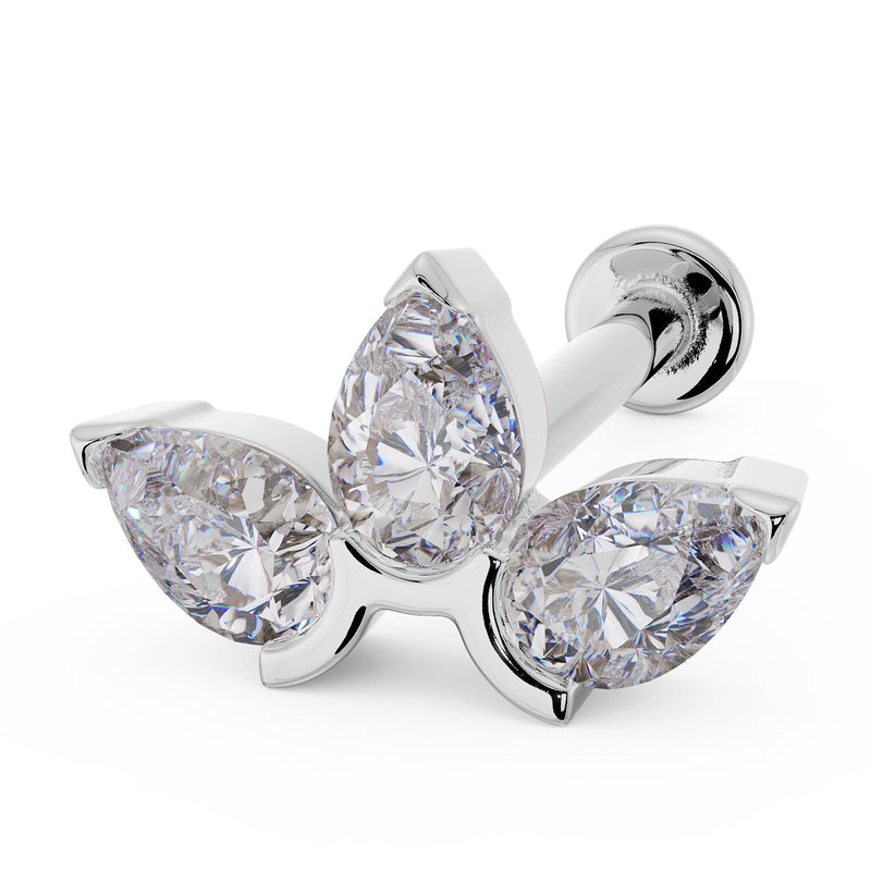14k white gold lotus flat back stud with three pear-cut CZ stones, angled view showing post