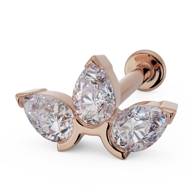 14k rose gold three pear-cut CZ lotus flat back cartilage stud, angled view with round disc back