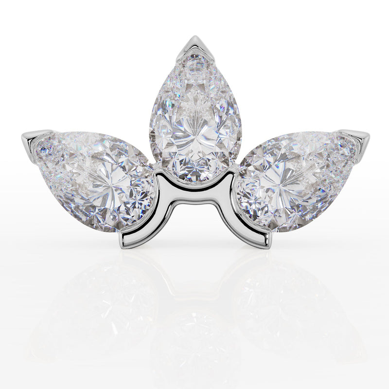 Front-facing close-up of white gold lotus stud showing three pear-cut CZ stones and prong setting