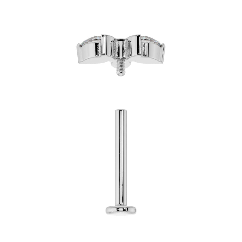White gold lotus CZ flat back stud shown disassembled with top and post separated for clarity