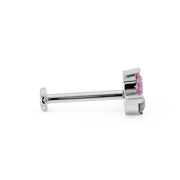 Side profile of white gold flat back labret post with pear gem top, showing full barbell length