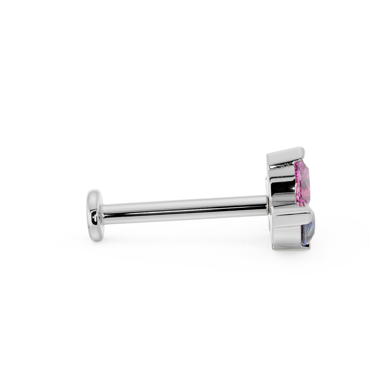 Side profile of white gold flat back labret post with pear gem top, showing full barbell length