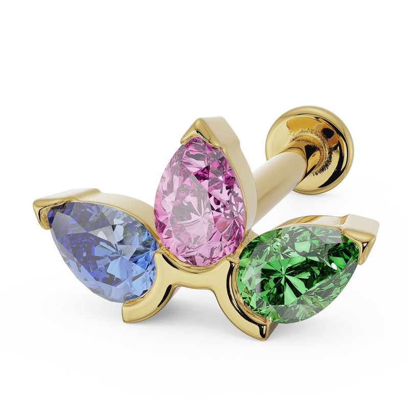14K yellow gold flat back labret with three pear-cut pink, blue, and green gemstones in bloom cluster