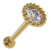 Yellow gold 3mm diamond milgrain labret stud viewed from above at an angle, highlighting stone sparkle