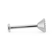 Side profile of white gold milgrain flat back labret showing post length and flat disc backing