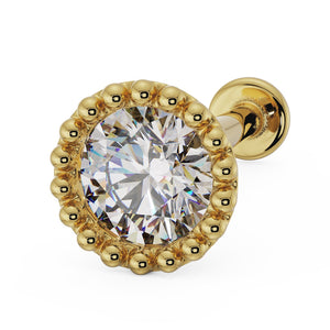 14k yellow gold 3mm diamond milgrain flat back labret stud, angled view showing beaded halo setting