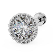 14k white gold 3mm diamond milgrain flat back stud, angled view showing beaded halo and flat back disc