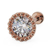 14k rose gold 3mm diamond milgrain flat back stud, angled view showing warm-toned beaded halo setting