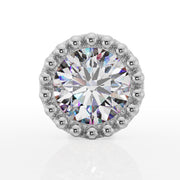 White gold 3mm diamond milgrain flat back stud, straight-on front view of beaded halo setting
