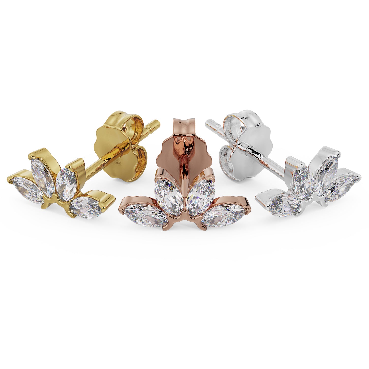 Marquise Fan Diamond or CZ Stud 14K Gold Earring